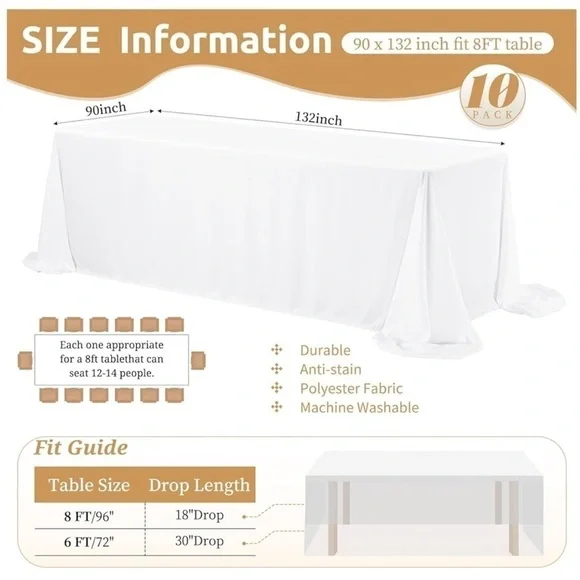 2 White Rectangle Table Cloths of 90 x 132 Inch  for 8 Foot Rectangle Tables.NEW - Picture 5 of 5